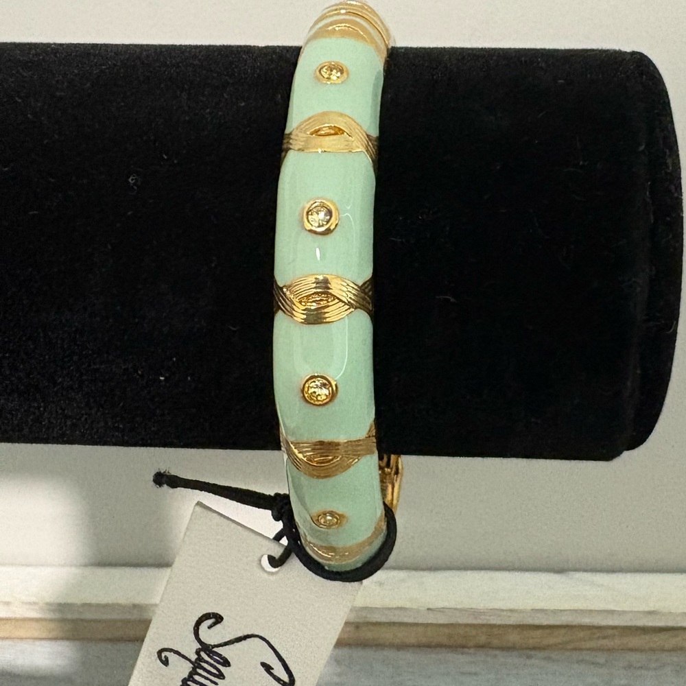 Sequin Enamel Bangle Bracelet in Jade Green with Gold and Rhinestone accents NWT